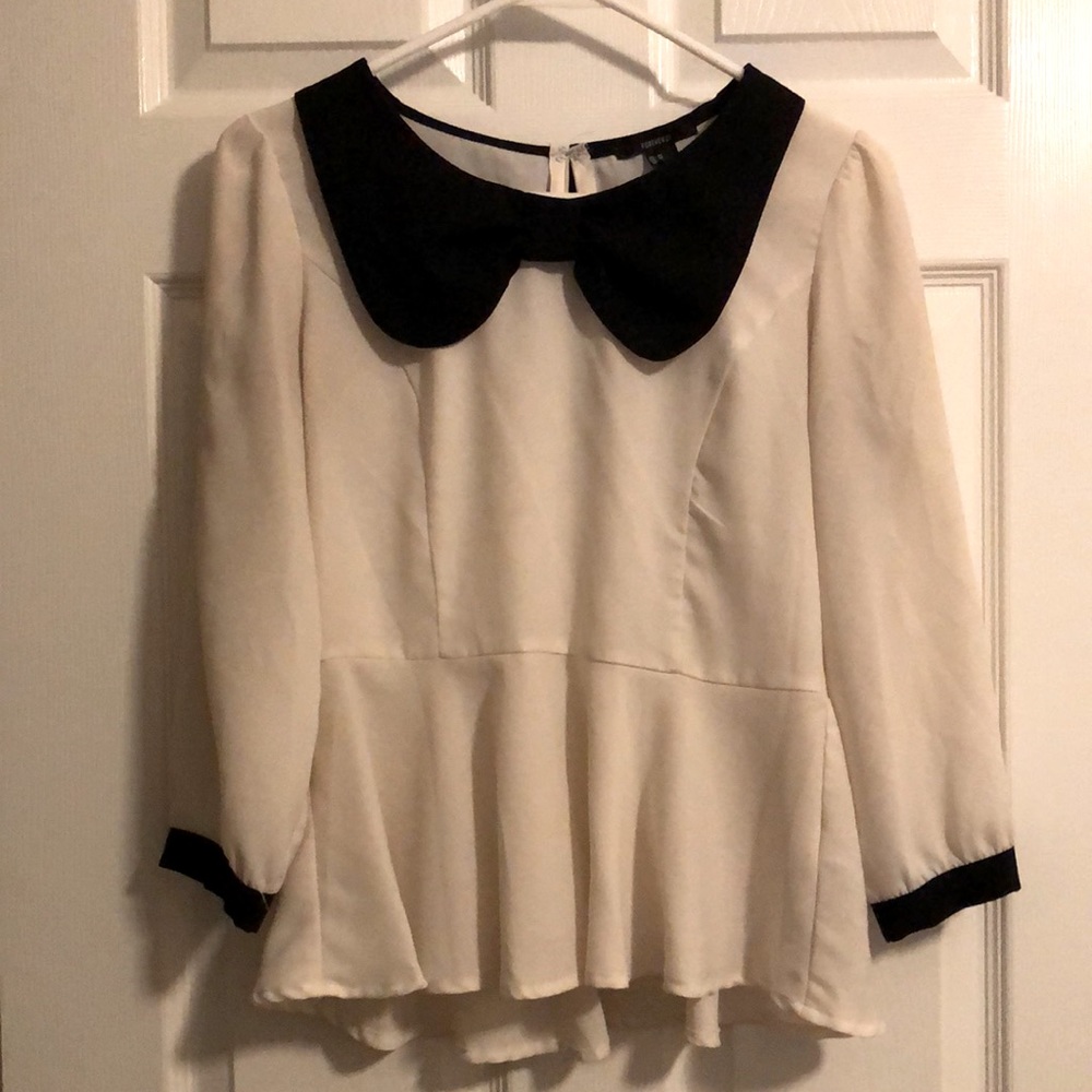 Forever 21 Black & white long-sleeved peplum blouse